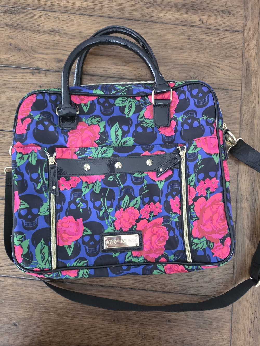 Betsey Johnson Black Floral Skull Briefcase Tote